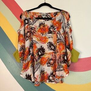 Ivy Jane Floral Dolman Sleeve Boho Blouse Top Peaock Feather Size Small